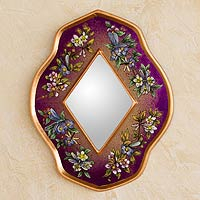 Reverse painted glass mirror, 'Purple Summer Garden' - Handcrafted Peruvian Floral Glass Mirror in Purple