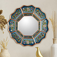 Reverse painted glass mirror, 'Blue Blossom Fiesta' - Reverse painted glass mirror