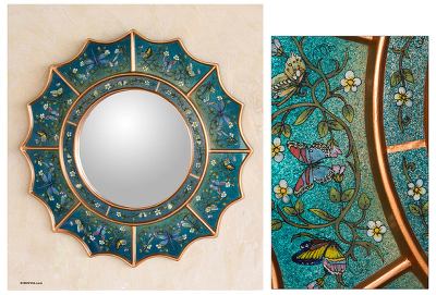 Reverse painted glass mirror, Blue Summer Radiance