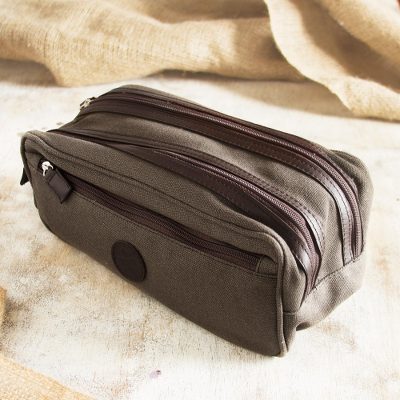 Leather accent travel case, 'Earth Textures' - Men's Leather Accent Brown Cotton Travel Case