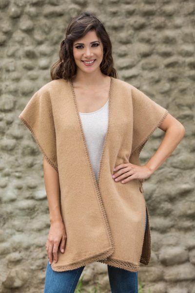 Alpaca blend ruana, 'Piura Princess' - Warm Tan Ruana in Alpaca Blend from Peru