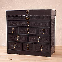 Cedar and leather jewelry box, 'Colonial Damsel' - Cedar and Tooled Leather Jewery Box with 9 Drawers