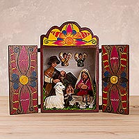 Wood and ceramic nativity scene, 'Birth in the Andes' - Handmade Traditional Andean Nativity Scene Retablo Diorama