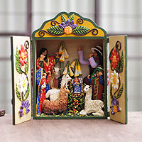 Wood and ceramic nativity scene, 'Christmas Fiesta' - Handmade Andean Retablo Nativity Scene