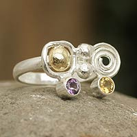 Gold accent amethyst and citrine cocktail ring, 'Intriguing Illusion' - Amethyst and Citrine Silverl Ring with 18k Gold from Peru