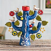 Ceramic candleholder, 'Ocean Tree of Life' - Artisan Crafted Ceramic Folk Art Candleholder from Peru