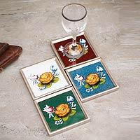 Painted glass coasters Andean Roses set of 4 Peru