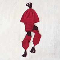 100% alpaca hat with scarf Cozy Red Peru