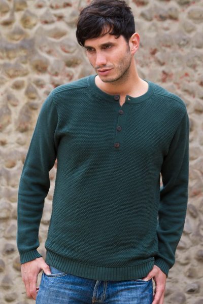 Men's cotton henley sweater, 'Deep Forest' - Andes Men's Green Pima Cotton Pullover Sweater