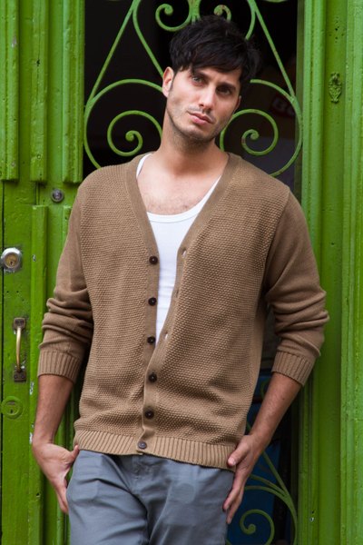 Men's cotton cardigan sweater, 'Desert Sand' - Andes Men's Light Prown Pima Cotton Cardigan Sweater