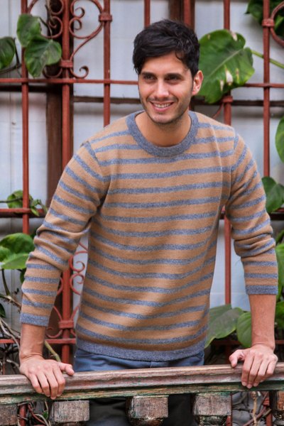 Men's 100% alpaca sweater, 'Horizons' - Men's grey and Tan Alpaca Wool Sweater