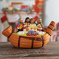 Ceramic nativity scene, 'Christmas in a Reed Canoe' - Artisan Crafted Ceramic Christmas Nativity Scene