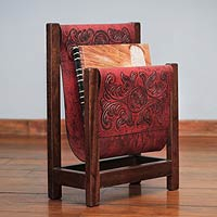 Leather and cedarwood magazine rack, 'Historic Elegance in Red' - Handcrafted Leather and Cedar Wood Magazine Rack