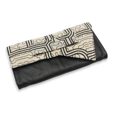 Leather and cotton clutch, 'Monochrome Shipibo' - Black Leather Clutch Bag with Assymetrical Cotton Flap