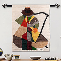Wool tapestry, 'The Harp Player' - Cubist Tapestry Wall Hanging Hand Loomed in Peru