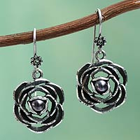 Cultured pearl flower earrings, 'Lavender Rose' - Purple Pearls in Handcrafted Sterling Silver Flower Earrings