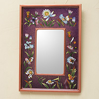 Reverse painted glass mirror, 'Purple Meadow' - Vibrant Purple Collectible Reverse Painted Glass Mirror
