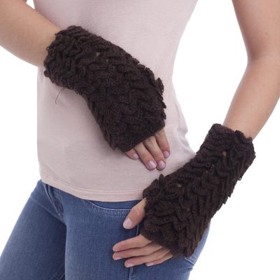 100% alpaca fingerless mitts, 'Chocolate Warmth' - Handcrafted Peruvian Brown Alpaca Fingerless Mittens