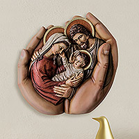 Cedar relief panel, 'In God's Hands' - Peruvian Hand Carved Holy Family Cedar Wall Sculpture