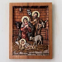 Cedar relief panel, 'In a Stable in Bethlehem' - Artisan Crafted Cedar Wood Nativity Scene Relief Sculpture