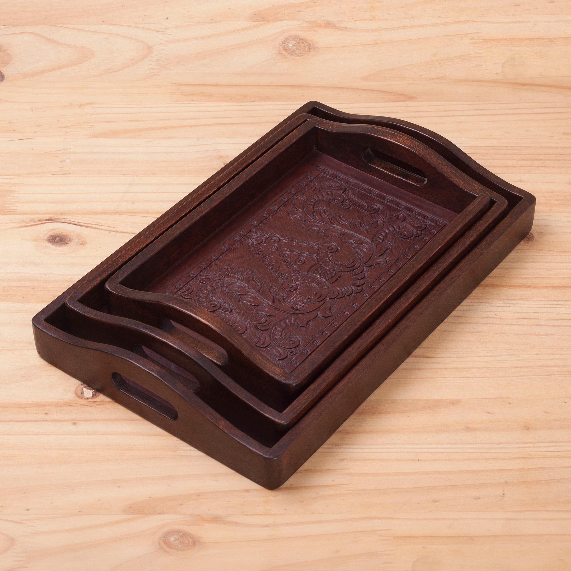 Artisan Crafted Leather and Wood Serving Trays (Set of 3) Floral