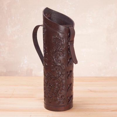 Leather wine bottle holder, Colonial Ivy