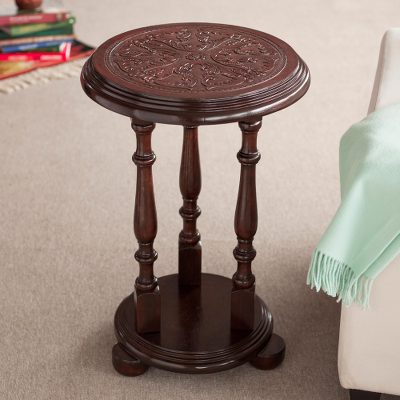 Mohena wood and leather accent table, Round Flowers