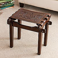 Mohena wood and leather stool, 'Colonial Elegance' - Artisan Crafted Colonial Theme Hardwood and Leather Stool