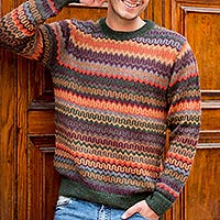 Multicolor Alpaca Men's Sweater with Forest Green,'Andean Homeland'