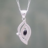 Obsidian and sterling silver pendant necklace,