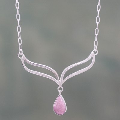 Rhodonite and sterling silver pendant necklace, 'Rose Dew' - Handcrafted Rhodonite Pendant Necklace Fair Trade Jewelry