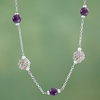 Amethyst and aquamarine chain necklace, 'Harmony' - Artisan Crafted Silver Necklace with Amethyst and Aquamarine