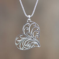 Sterling silver heart necklace, 'Lace Valentine' - Handmade Sterling Silver Filigree Heart Necklace from Peru