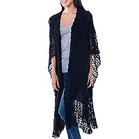 Lacy Knitted Black 100% Alpaca Long Kimono Cape from Peru,'Ebony Whisper'