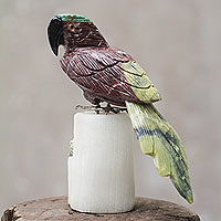 Garnet and serpentine sculpture, 'Little Parrot' - Hand Carved Gemstone Parrot Sculpture from Peru