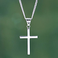 Sterling silver cross necklace, 'Eternal God' - Sleek Minimalist Sterling Silver Cross Necklace