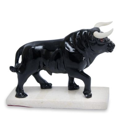 Collectible Hand Carved Onyx Bull Figurine Sculpture - Fearless Bull