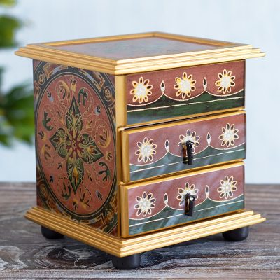 Painted glass jewelry box, 'Glorious Rose' - Artisan Crafted Painted Glass Wood Jewelry Box