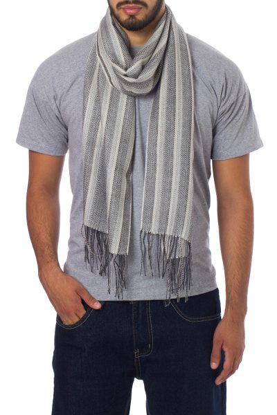 Men's alpaca and silk blend scarf, 'Distinguished Grey' - Men's Alpaca and Silk Scarf in Grey and Beige Herringbone