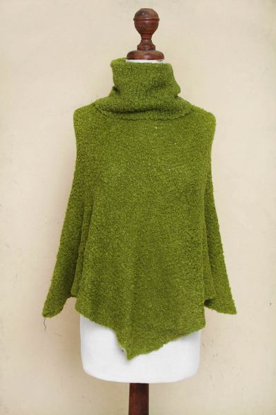 Alpaca blend boucle poncho, 'Cuzco Green' - Warm Turtleneck Green Boucle Poncho in Soft Alpaca Wool