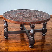 Mohena wood and leather circular coffee table,