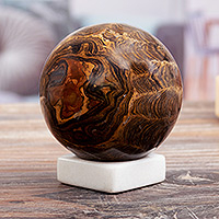 Stromatolite sphere, 'Our Earth' - Handcrafted Andean Stromatolite Sculpture with Onyx Stand