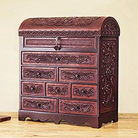 Cedar and leather jewelry box, 'Floral Treasure Chest' - Leather Lock and Key Andean Hand Tooled Jewelry Box Chest