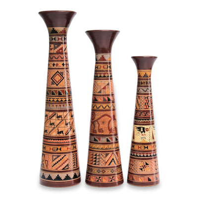 Set Of Hand Painted Ceramic Decorative Vases From Peru Andean