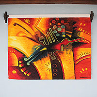 Wool tapestry, 'Nazca Bird' - Orange and Yellow Hand Woven Nazca Style Bird Tapestry