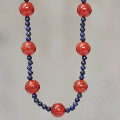Carnelian and lapis lazuli beaded necklace, Fiery Sea