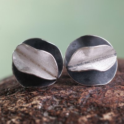 Sterling silver button earrings, Dark Petals