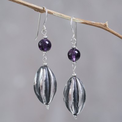 Amethyst dangle earrings, Cocoa Pods