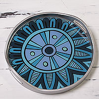 Reverse painted glass tray Blue Inca Emblem Peru