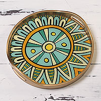 Reverse painted glass tray Sunny Inca Medallion Peru